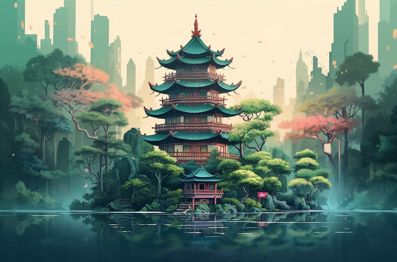 绿色春天亭台楼阁风景山水插画,插画/手绘图,插画/手绘图库,插画/手绘图下载,插画/手绘